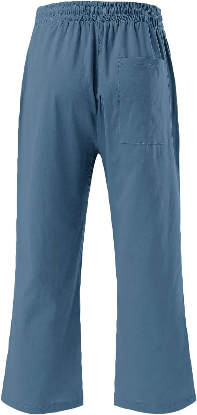 Womens Capri Pants Drawstring Elastic Waist Linen Pant Straight Wide Leg Cropped Pants Trouser with Pockets