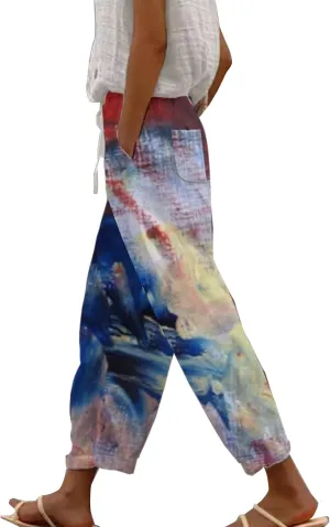 Women's Capris Elastic Cropped Trousers Boho Drawstring Linen Waist Wide-Leg Pants for Travel Beach