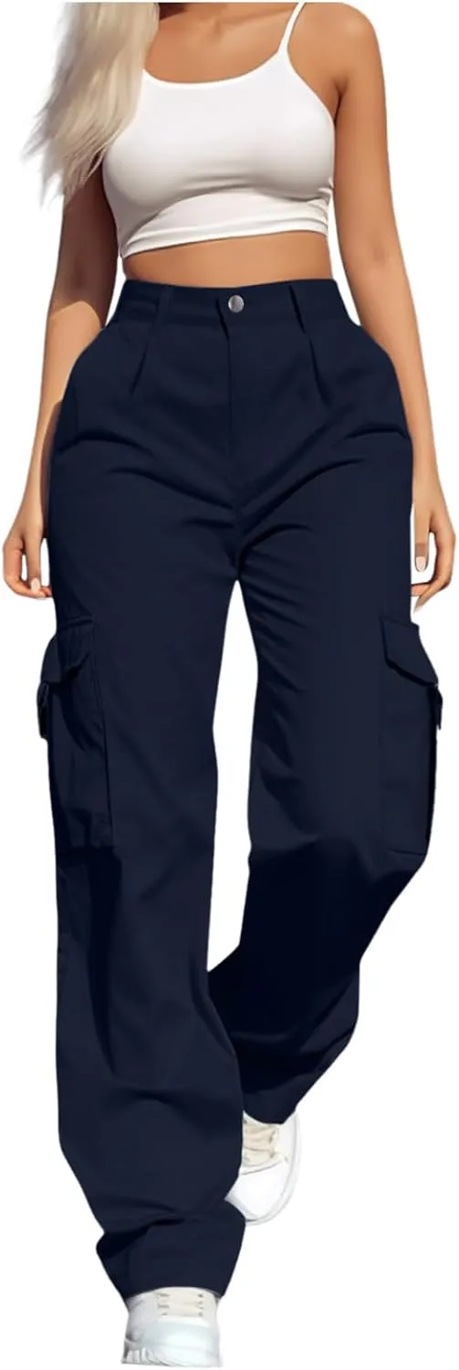 Womens Cargo Pants Women's Hiking Wide Leg Cargo Pants Lightweight Quick Dry Outdoor High Waisted Buttons Pants with Pockets Navy X-Large
