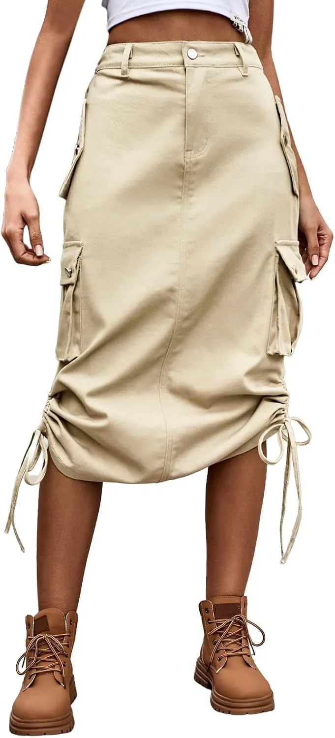 Womens Cargo Skirts Skirts for Women Plus Size Maxi Skirt Drawstring Ruched Streetwear with Pockets Tennis Skirt