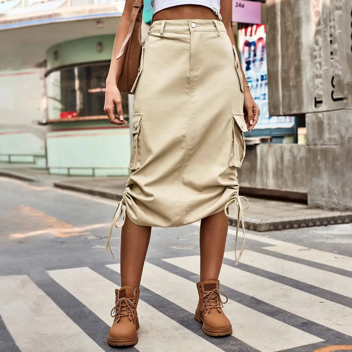 Womens Cargo Skirts Skirts for Women Plus Size Maxi Skirt Drawstring Ruched Streetwear with Pockets Tennis Skirt