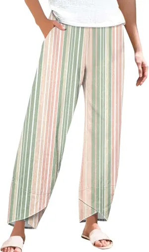Women's Casual Boho Striped Graphic Cotton Linen High Waisted Cropped Pants Summer Beach Outdoor Trendy Trousers