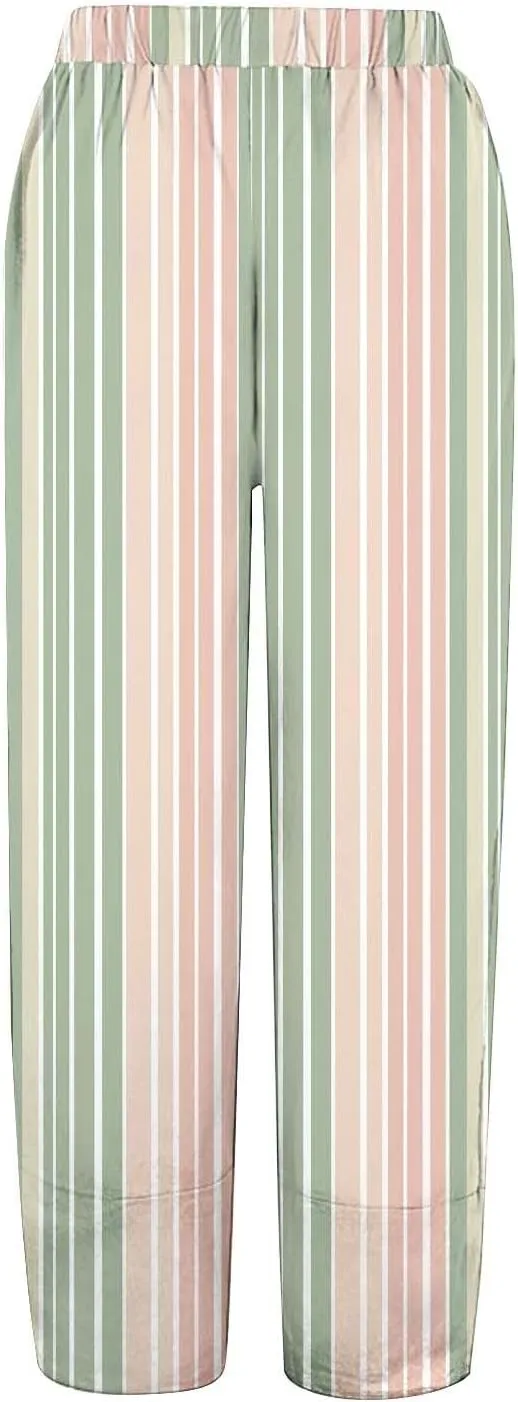 Women's Casual Boho Striped Graphic Cotton Linen High Waisted Cropped Pants Summer Beach Outdoor Trendy Trousers