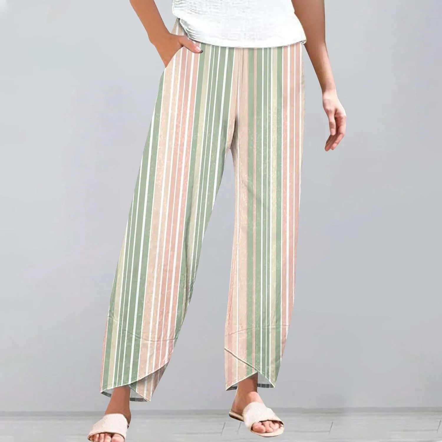 Women's Casual Boho Striped Graphic Cotton Linen High Waisted Cropped Pants Summer Beach Outdoor Trendy Trousers
