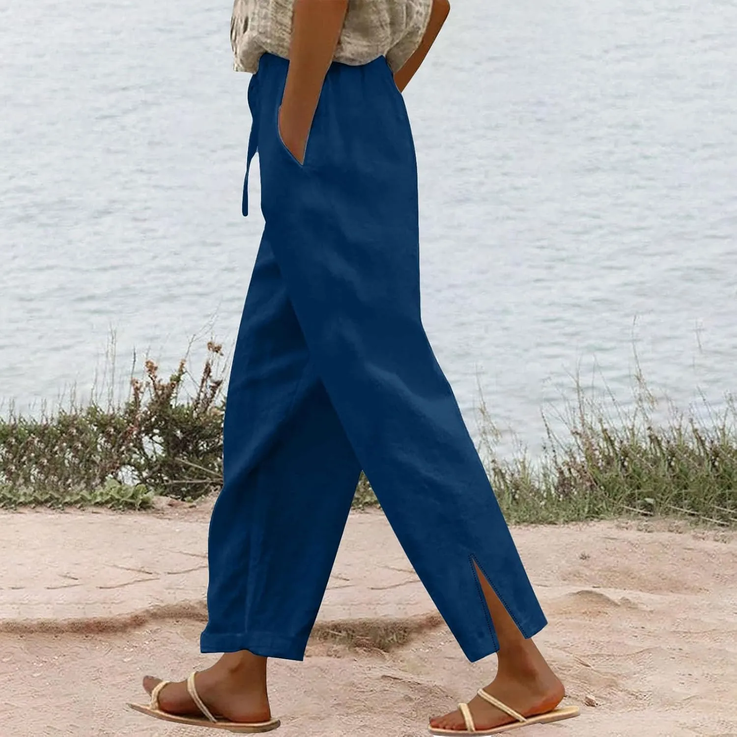 Womens Casual Cotton Linen Pants High Waist Drawstring Loose Fit Summer Spring Straight Leg Trousers with Pockets