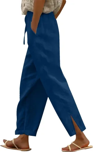 Womens Casual Cotton Linen Pants High Waist Drawstring Loose Fit Summer Spring Straight Leg Trousers with Pockets
