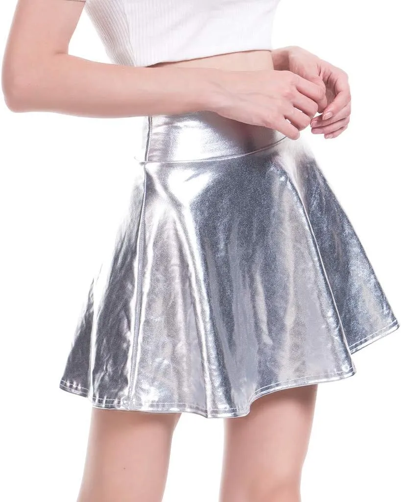 Women's Casual Fashion Shiny Flared Pleated A-Line Mini Skirt Girls Petticoat Skirt