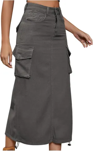Women's Casual High Waist Maxi Skirt Denim Jean Cargo Skirts with Pockets A-Line Solid Bodycon Dress Skort