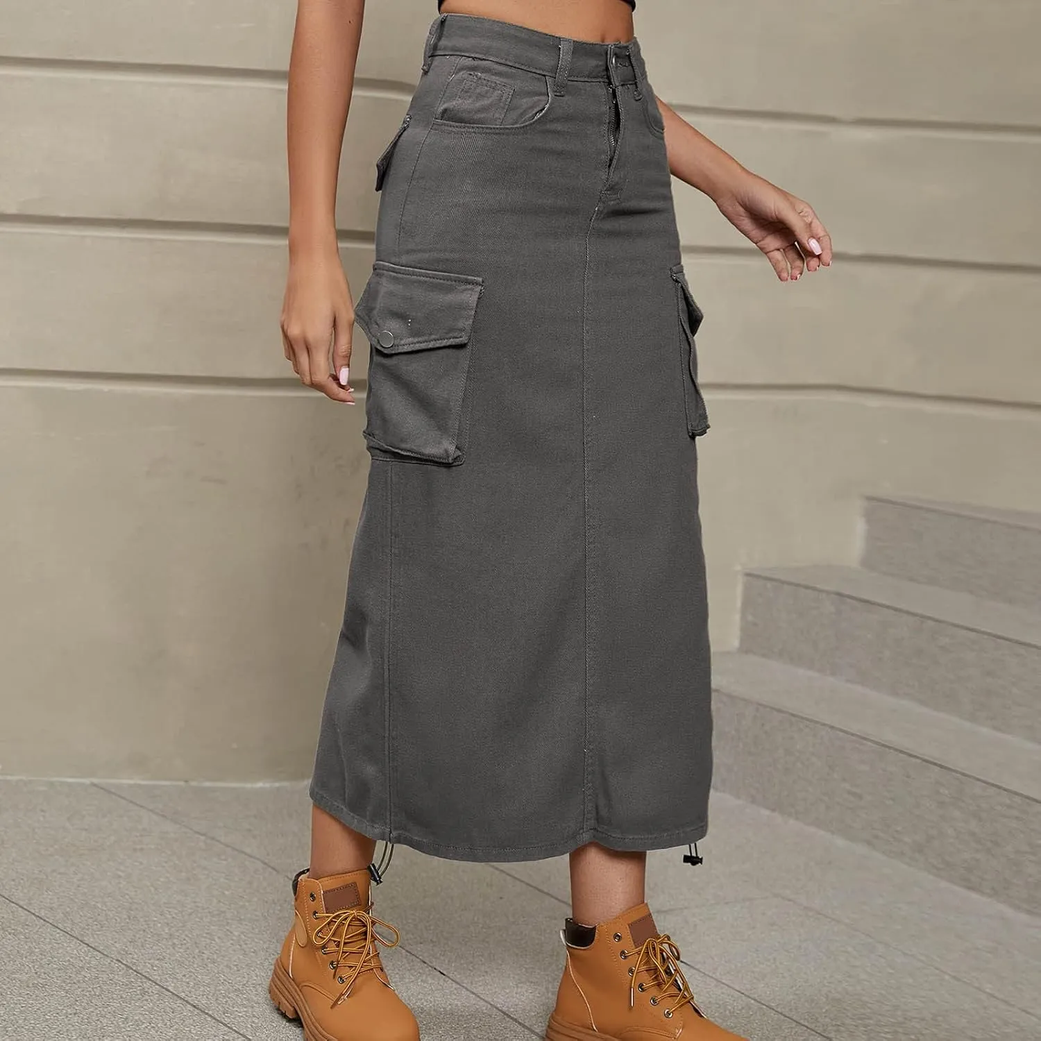 Women's Casual High Waist Maxi Skirt Denim Jean Cargo Skirts with Pockets A-Line Solid Bodycon Dress Skort