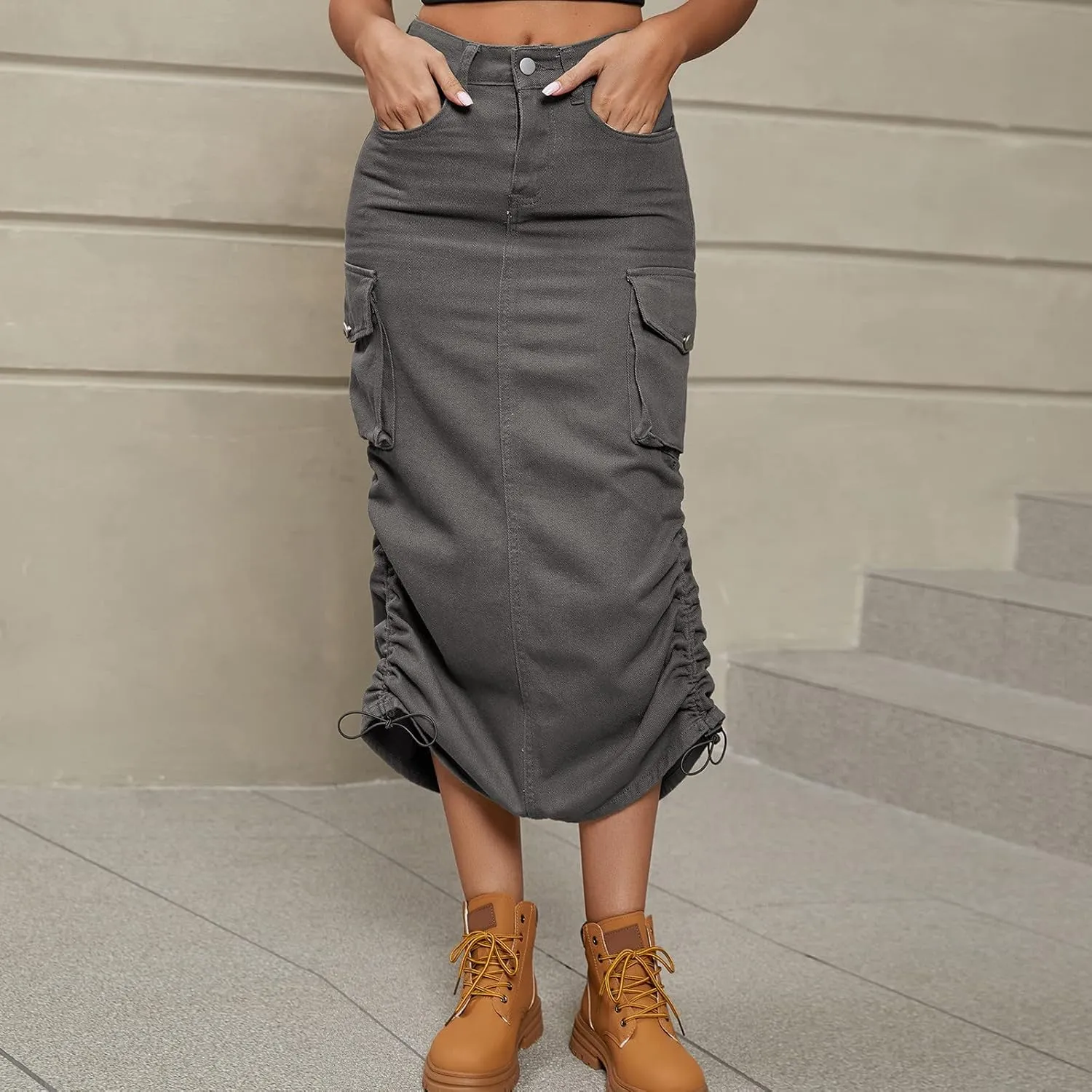 Women's Casual High Waist Maxi Skirt Denim Jean Cargo Skirts with Pockets A-Line Solid Bodycon Dress Skort