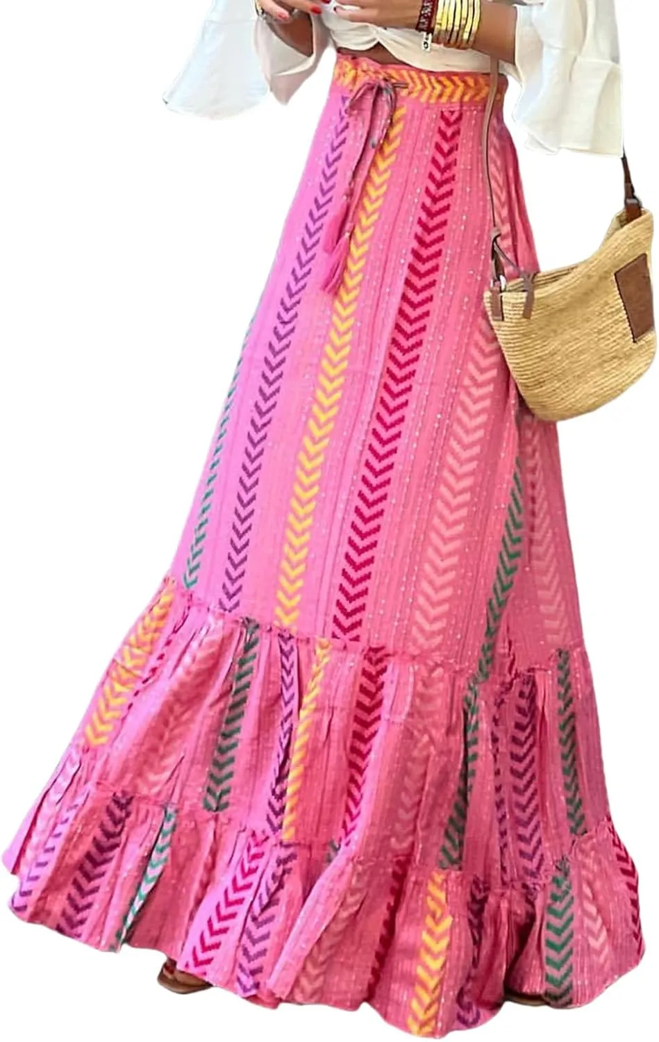 Womens Casual High Waist Maxi Skirts Summer Pleated Flowy Long Skirts Beach Vacation A Line Skirts Holiday Beachwear