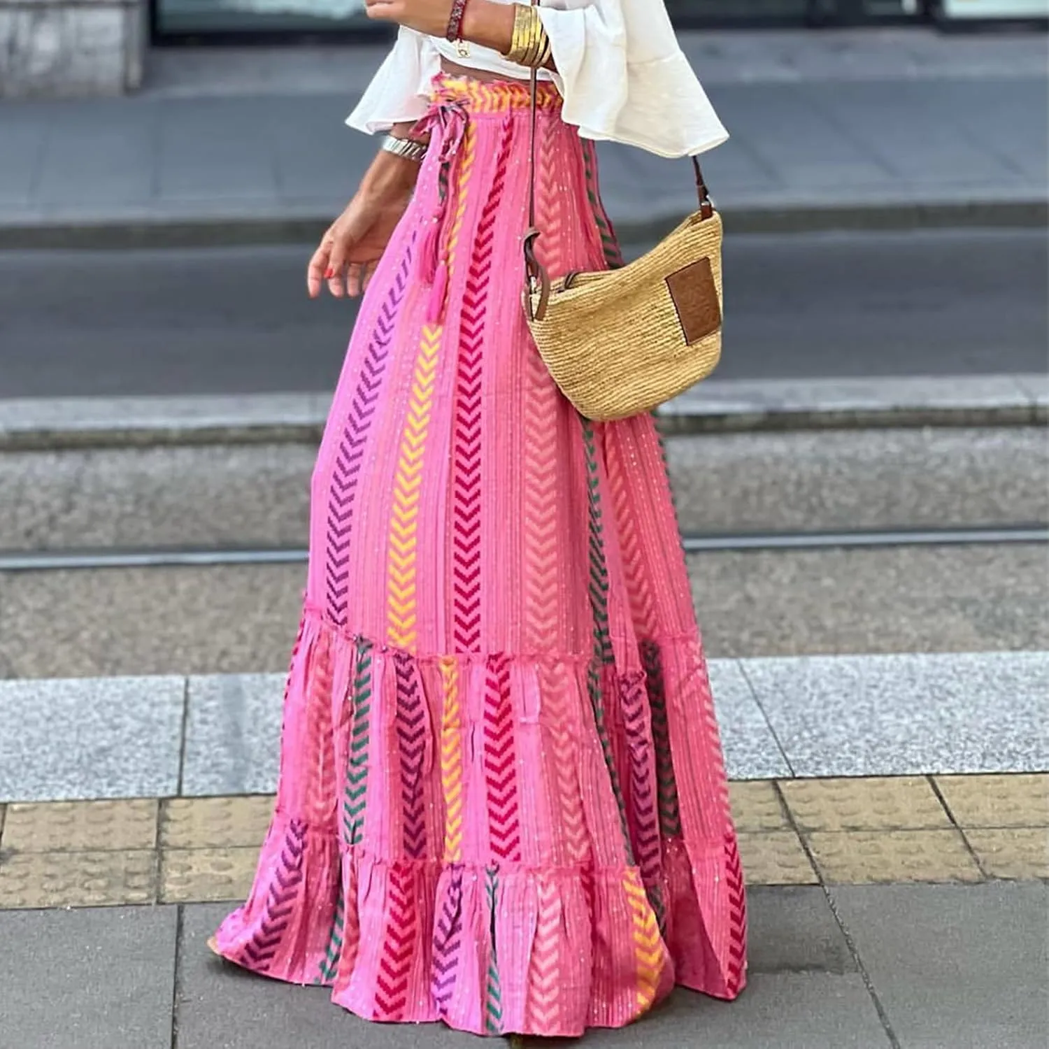 Womens Casual High Waist Maxi Skirts Summer Pleated Flowy Long Skirts Beach Vacation A Line Skirts Holiday Beachwear