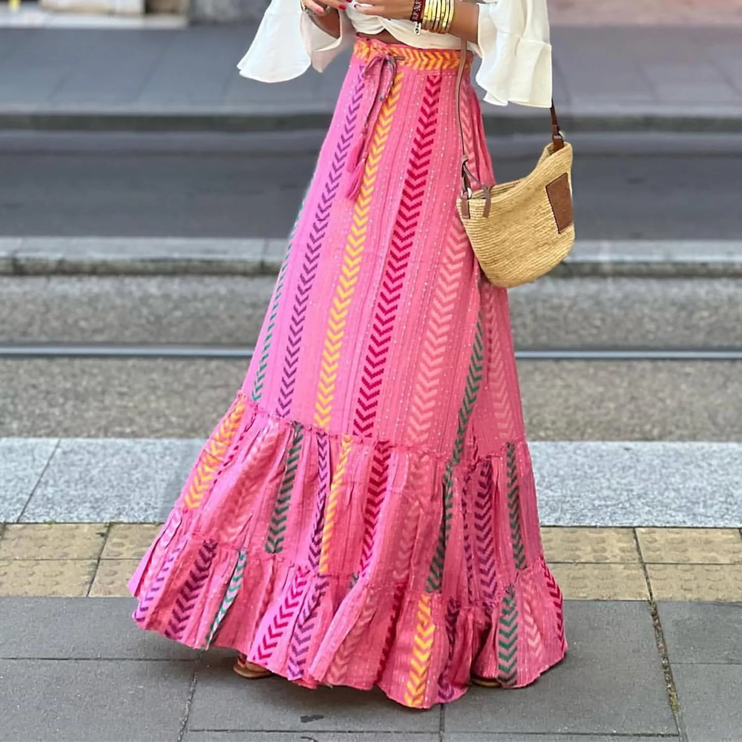 Womens Casual High Waist Maxi Skirts Summer Pleated Flowy Long Skirts Beach Vacation A Line Skirts Holiday Beachwear