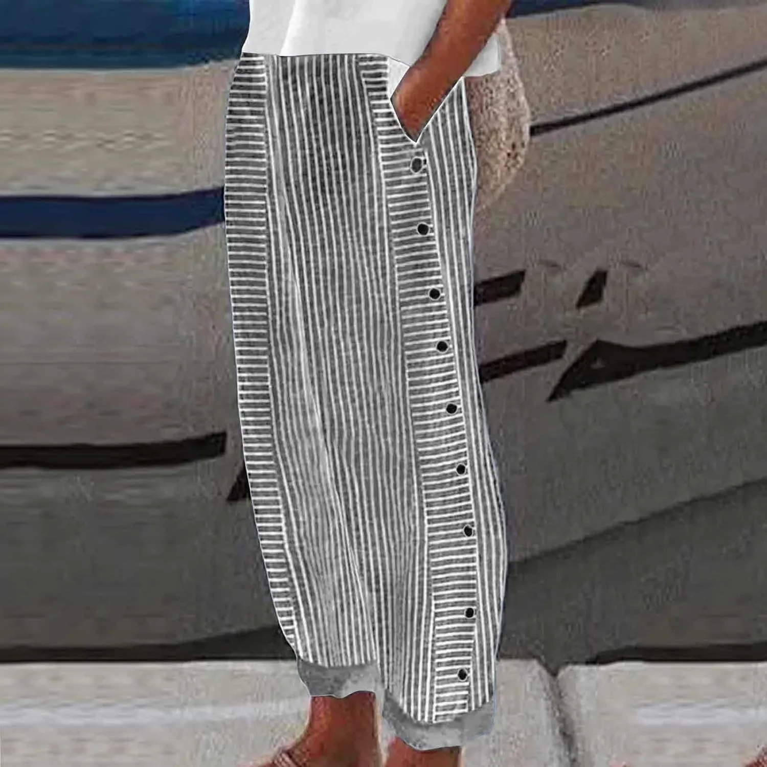 Women's Casual Pants Striped Side Button Elastic Waist Trendy Pants Straight Leg Baggy Trousers with Pocket