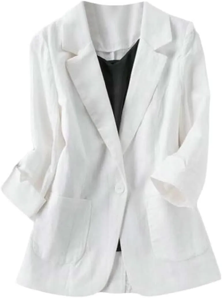Womens Casual Solid Cotton Linen 3/4 Sleeve Short OL Work Blazer Jacket Coat