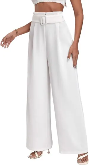 Womens Classic Casual Pants Solid High Waist Belted Wide Leg Pants