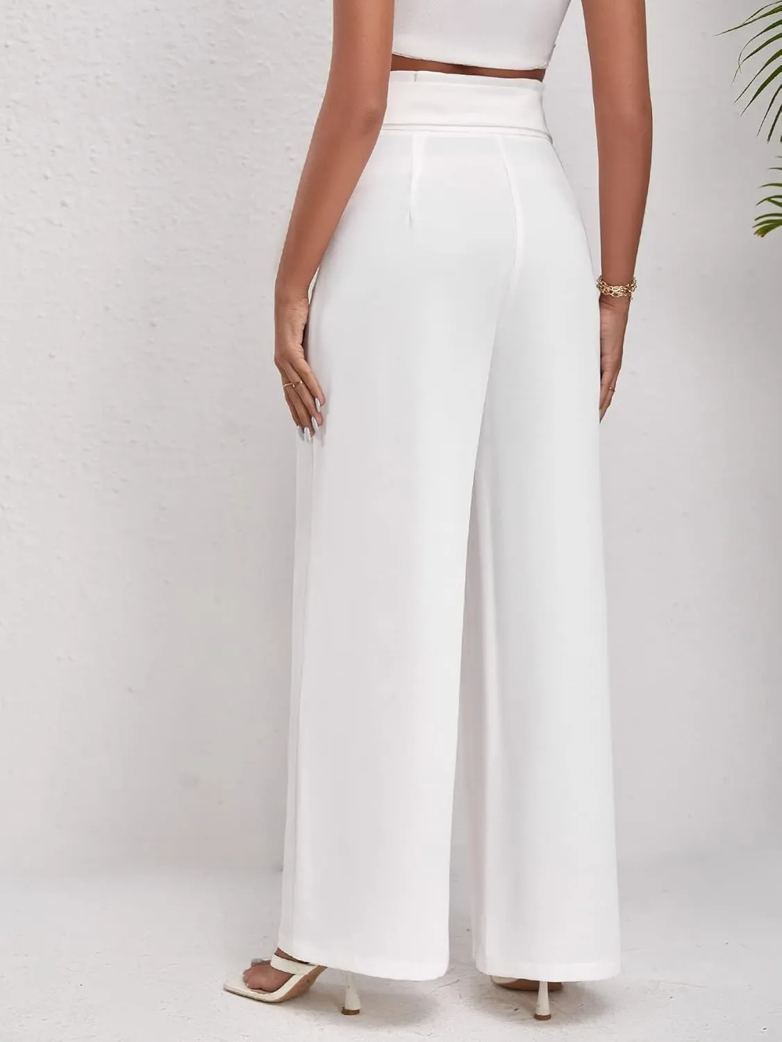 Womens Classic Casual Pants Solid High Waist Belted Wide Leg Pants