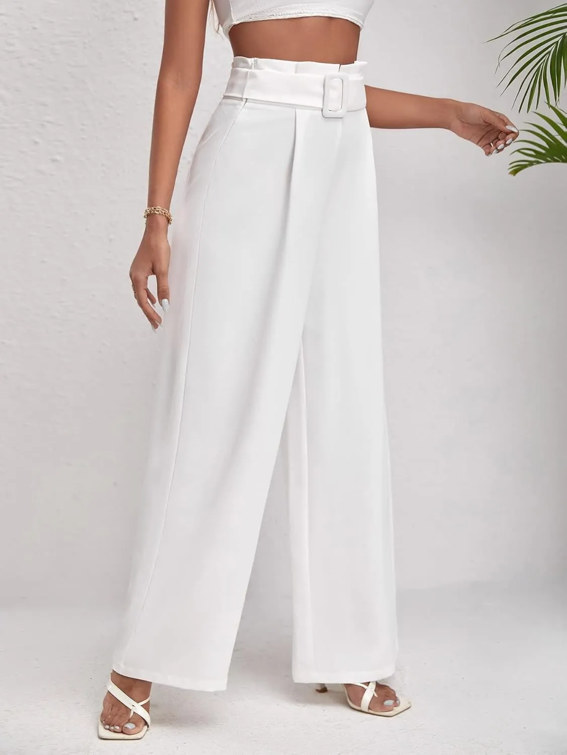 Womens Classic Casual Pants Solid High Waist Belted Wide Leg Pants