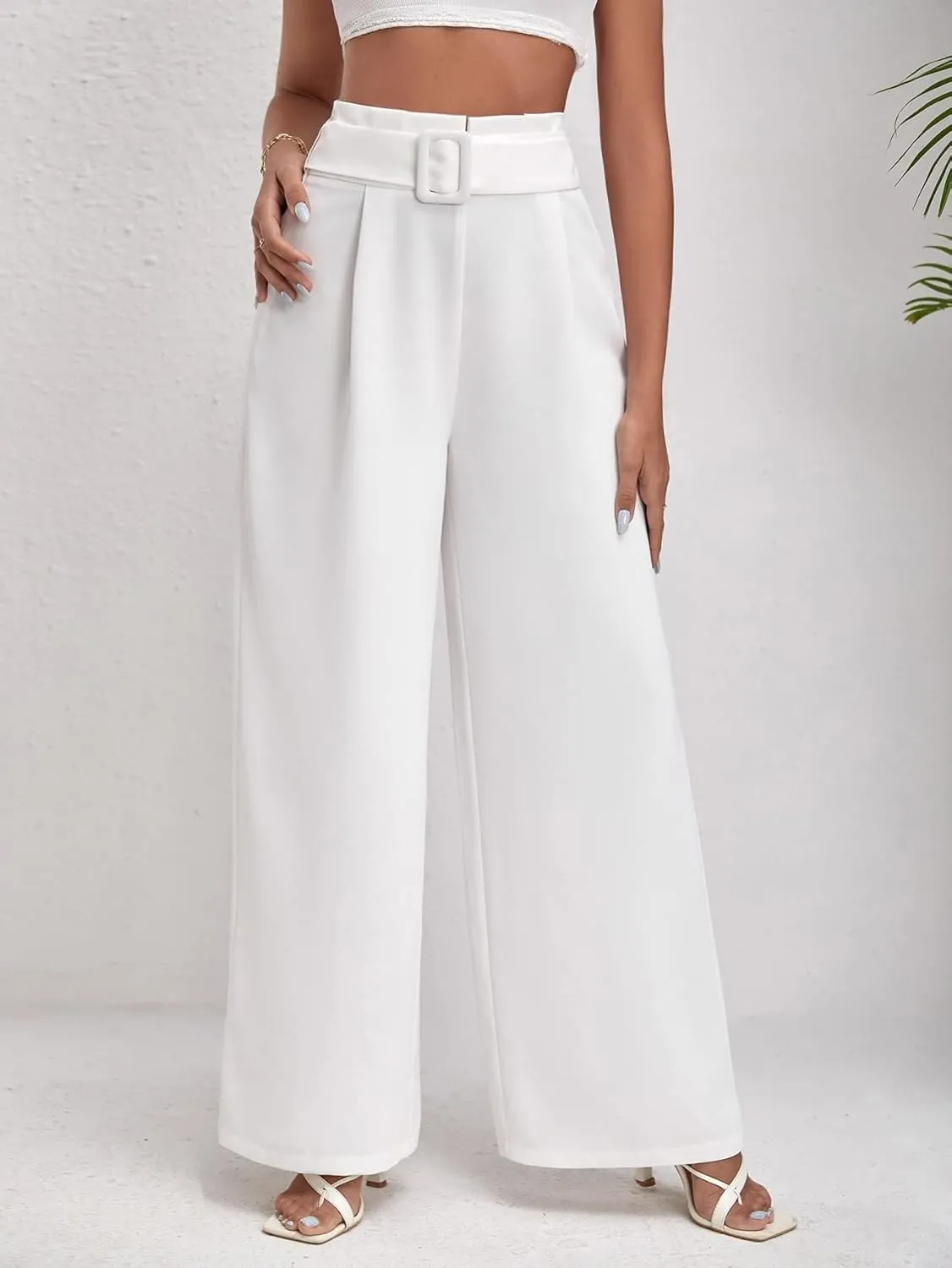 Womens Classic Casual Pants Solid High Waist Belted Wide Leg Pants