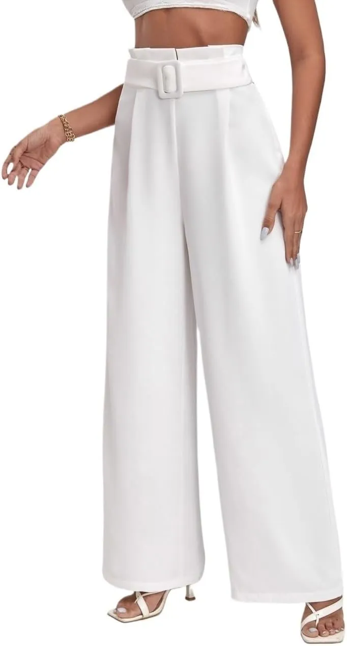 Womens Classic Casual Pants Solid High Waist Belted Wide Leg Pants