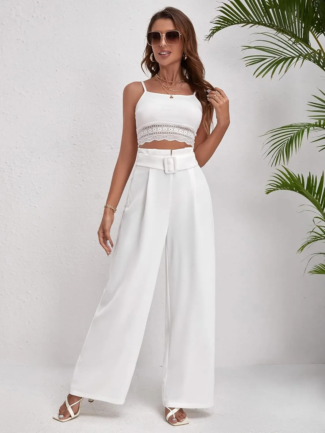 Womens Classic Casual Pants Solid High Waist Belted Wide Leg Pants