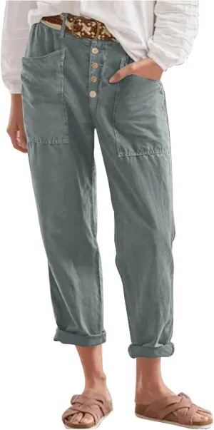 Women's Cotton Linen Cropped Pants, Button Waist Loose Straight Leg Trousers Summer Office Casual Clothes with Pockets