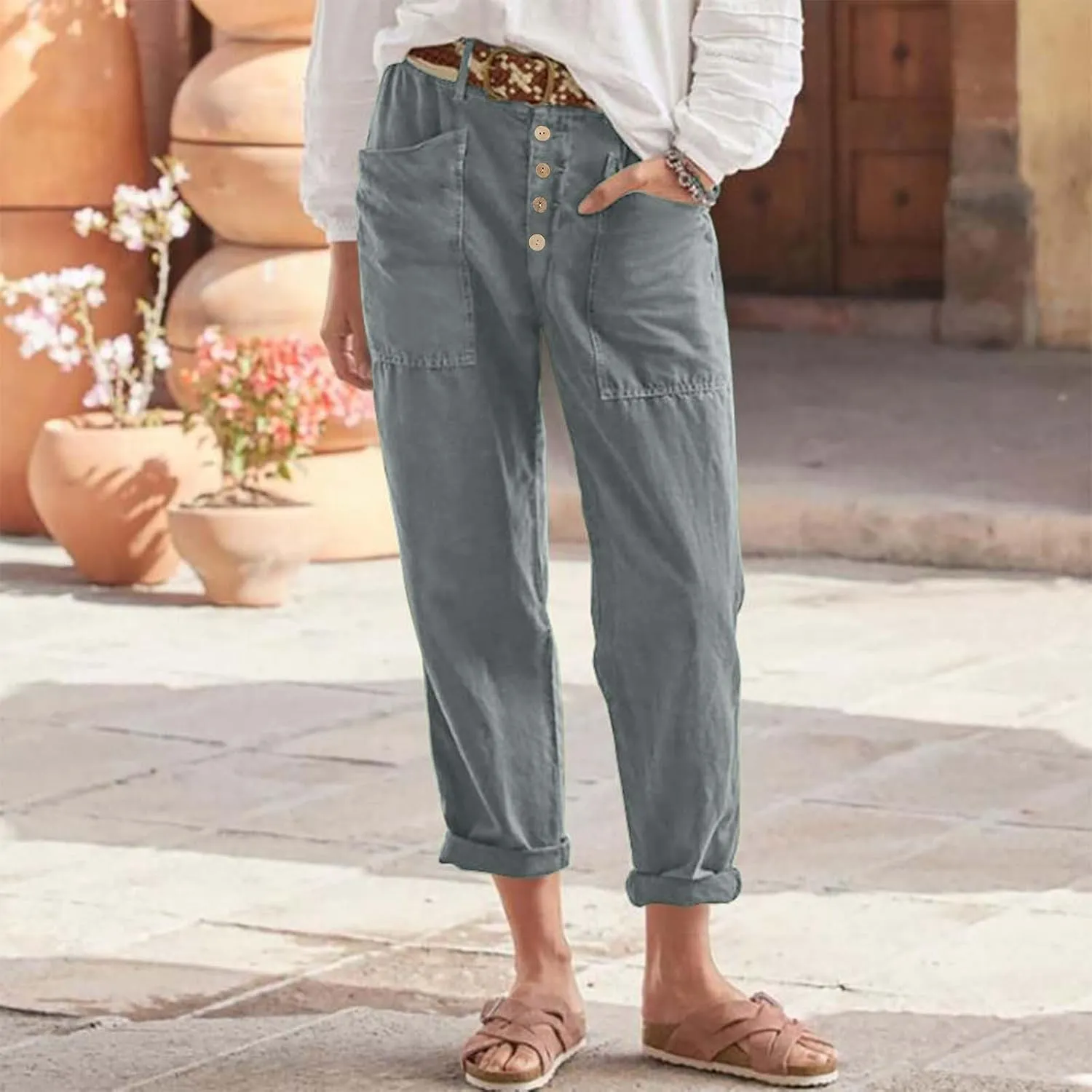 Women's Cotton Linen Cropped Pants, Button Waist Loose Straight Leg Trousers Summer Office Casual Clothes with Pockets
