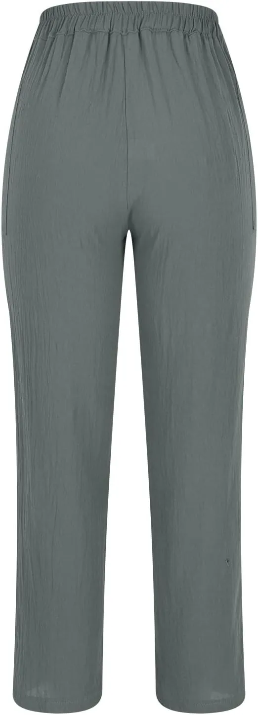 Women's Cotton Linen Cropped Pants, Button Waist Loose Straight Leg Trousers Summer Office Casual Clothes with Pockets