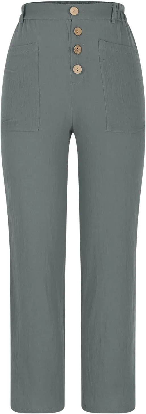 Women's Cotton Linen Cropped Pants, Button Waist Loose Straight Leg Trousers Summer Office Casual Clothes with Pockets