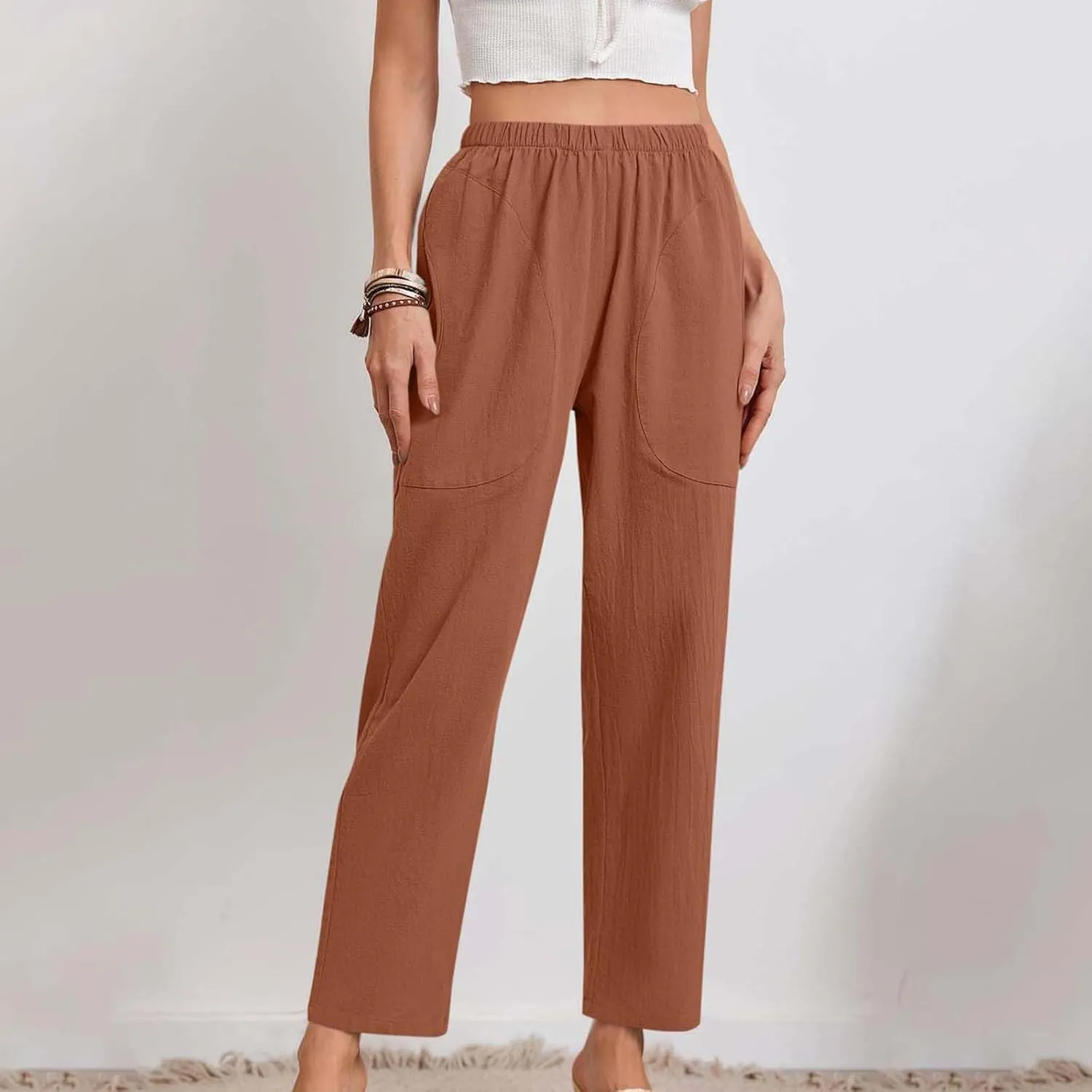 Womens Cotton Linen Cropped Pants Elastic High Waist Folded Hem Pants Casual Summer Trousers with Pockets