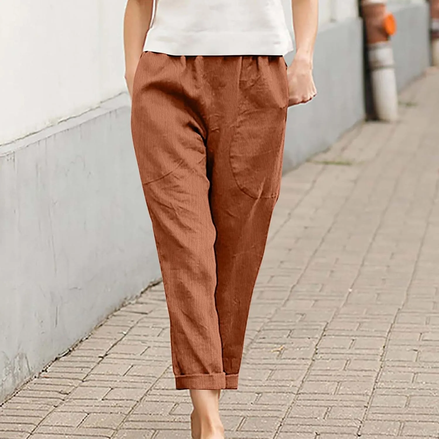Womens Cotton Linen Cropped Pants Elastic High Waist Folded Hem Pants Casual Summer Trousers with Pockets
