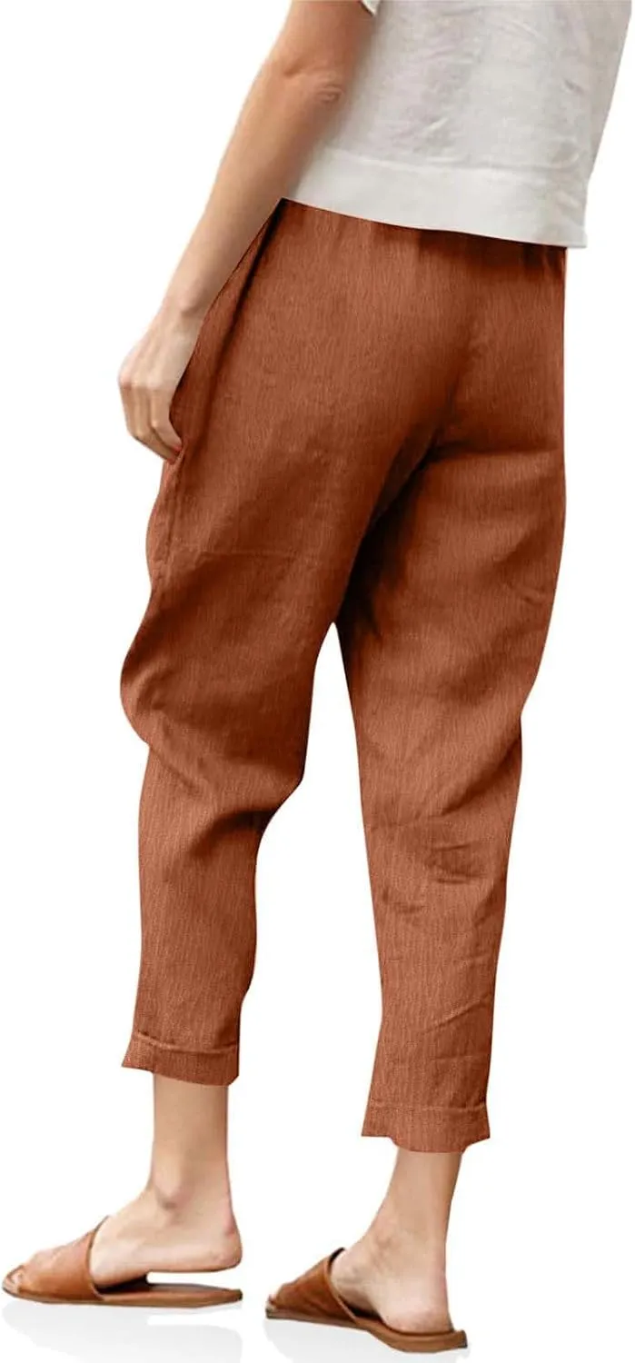 Womens Cotton Linen Cropped Pants Elastic High Waist Folded Hem Pants Casual Summer Trousers with Pockets