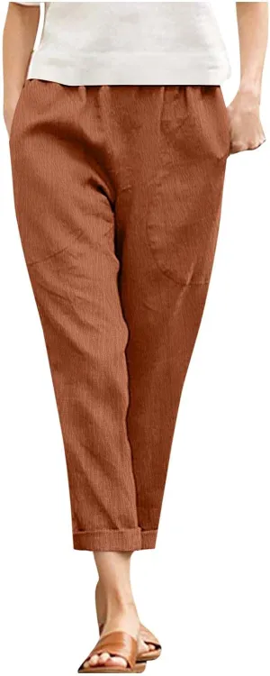 Womens Cotton Linen Cropped Pants Elastic High Waist Folded Hem Pants Casual Summer Trousers with Pockets