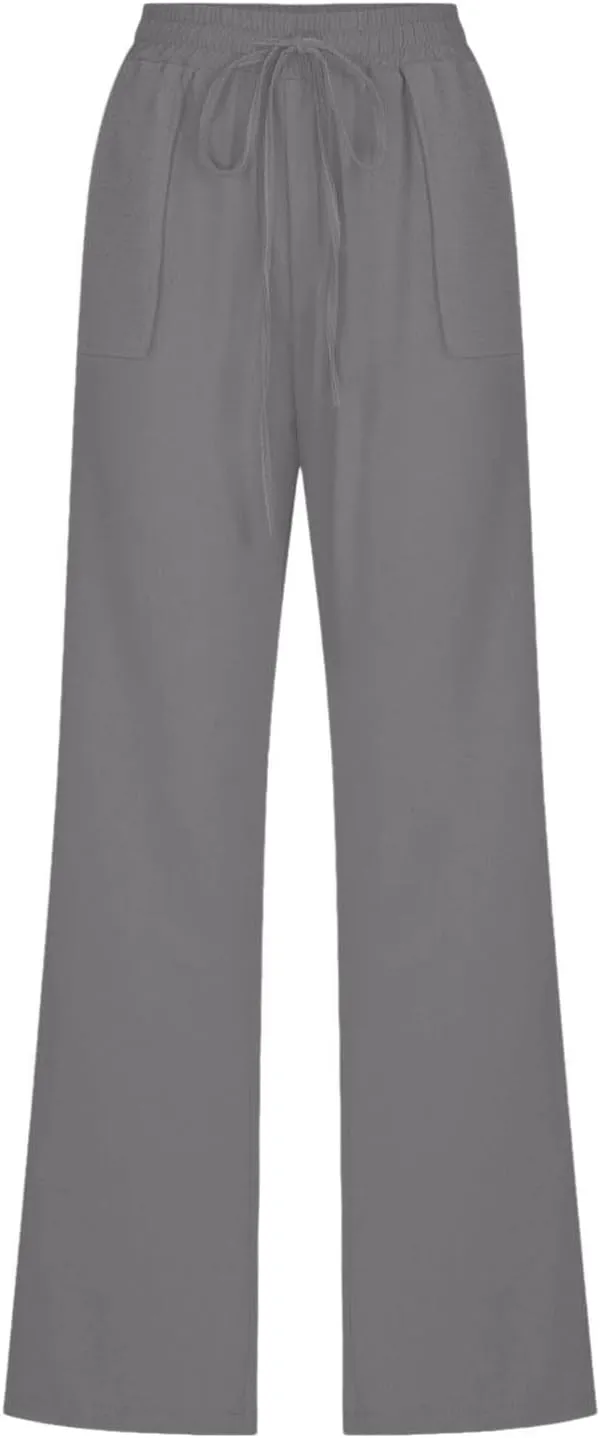 Womens Cotton Linen Pants Casual Lightweight Summer Relax Fit Elastic Waist Plus Size Solid Lounge Long Trousers