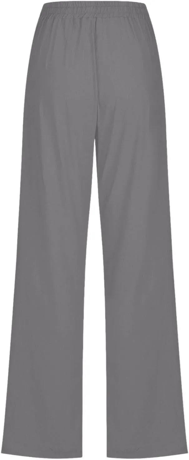 Womens Cotton Linen Pants Casual Lightweight Summer Relax Fit Elastic Waist Plus Size Solid Lounge Long Trousers