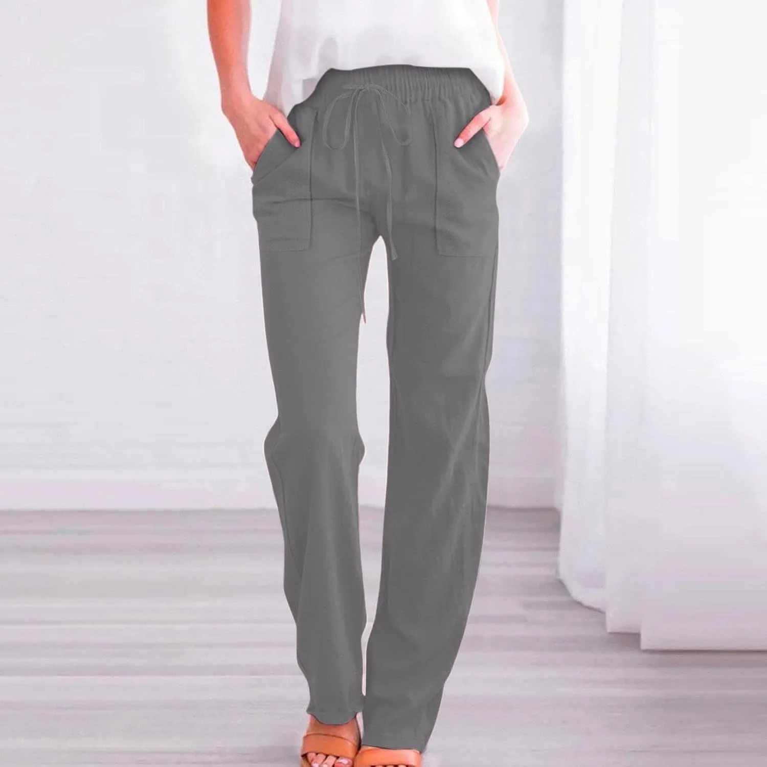 Womens Cotton Linen Pants Casual Lightweight Summer Relax Fit Elastic Waist Plus Size Solid Lounge Long Trousers