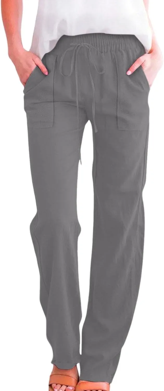 Womens Cotton Linen Pants Casual Lightweight Summer Relax Fit Elastic Waist Plus Size Solid Lounge Long Trousers
