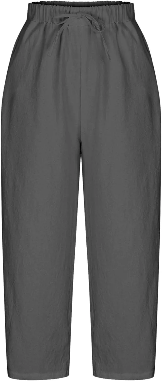 Womens Cotton Linen Pants Casual Trendy Drawstring Pant Summer Tapered Cross Hollow Out Trousers Outfits with Pockets