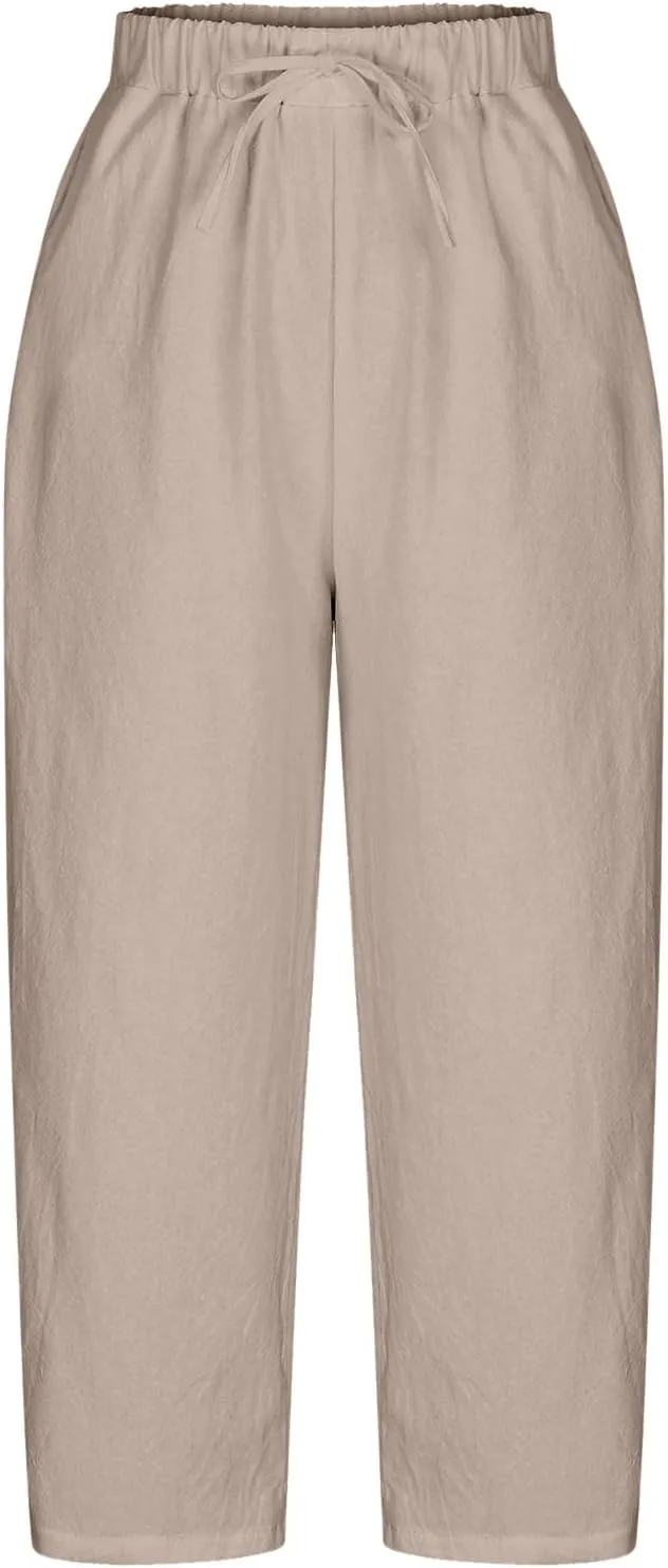 Womens Cotton Linen Pants Casual Trendy Drawstring Pant Summer Tapered Cross Hollow Out Trousers Outfits with Pockets