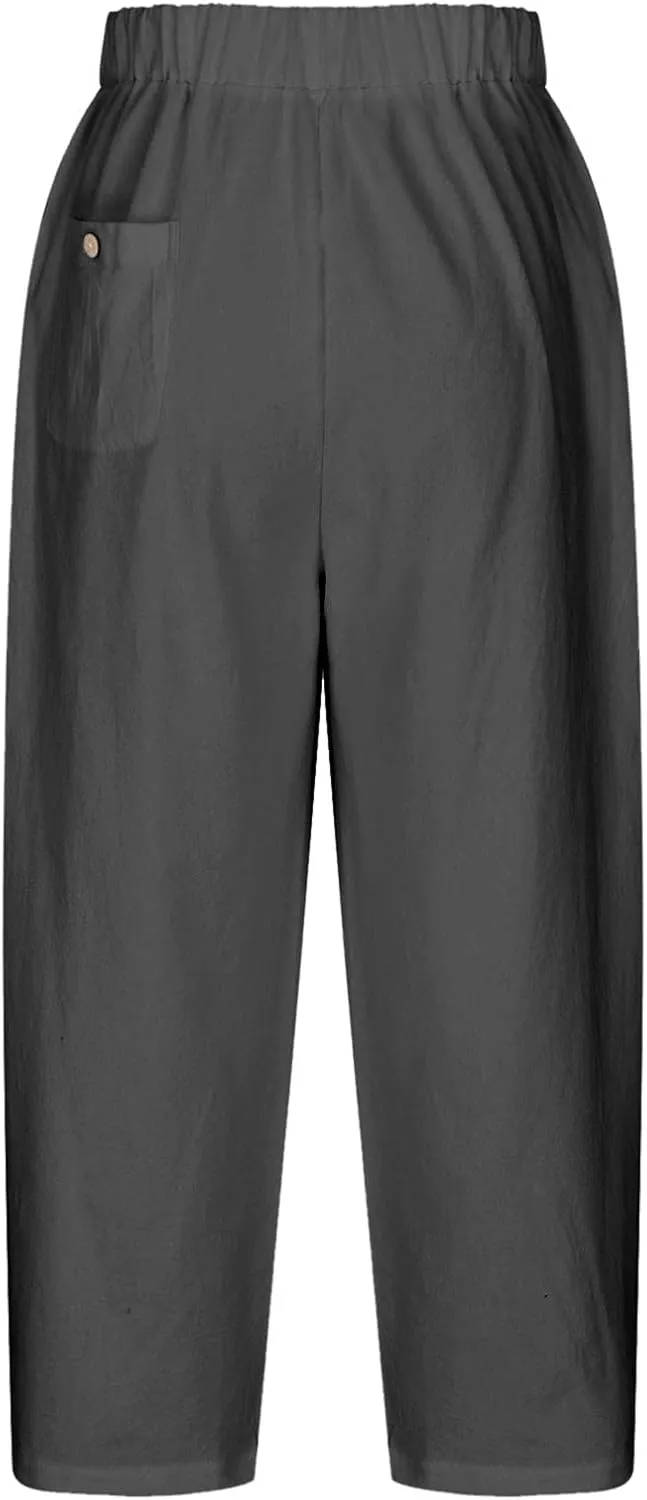 Womens Cotton Linen Pants Casual Trendy Drawstring Pant Summer Tapered Cross Hollow Out Trousers Outfits with Pockets