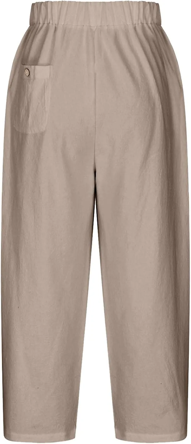 Womens Cotton Linen Pants Casual Trendy Drawstring Pant Summer Tapered Cross Hollow Out Trousers Outfits with Pockets