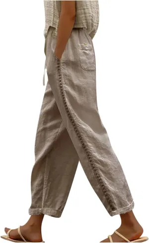 Womens Cotton Linen Pants Casual Trendy Drawstring Pant Summer Tapered Cross Hollow Out Trousers Outfits with Pockets