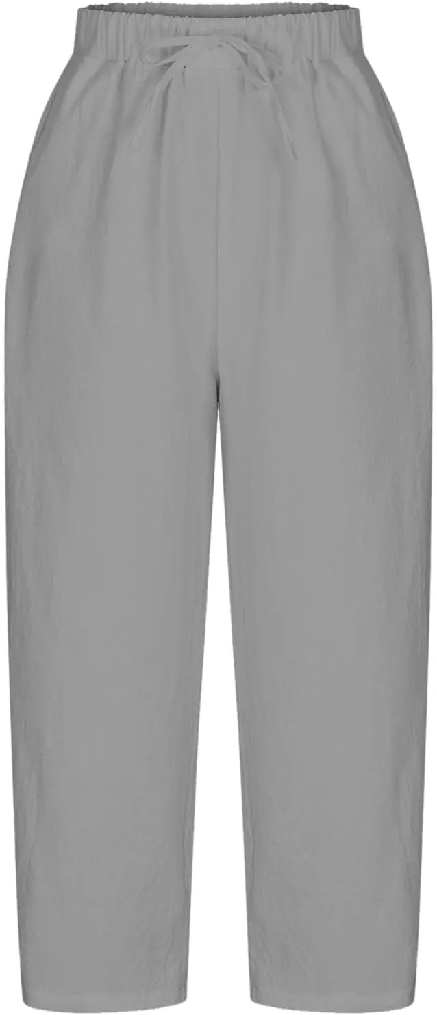 Womens Cotton Linen Pants Casual Trendy Drawstring Pant Summer Tapered Cross Hollow Out Trousers Outfits with Pockets