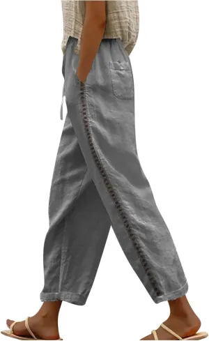 Womens Cotton Linen Pants Casual Trendy Drawstring Pant Summer Tapered Cross Hollow Out Trousers Outfits with Pockets