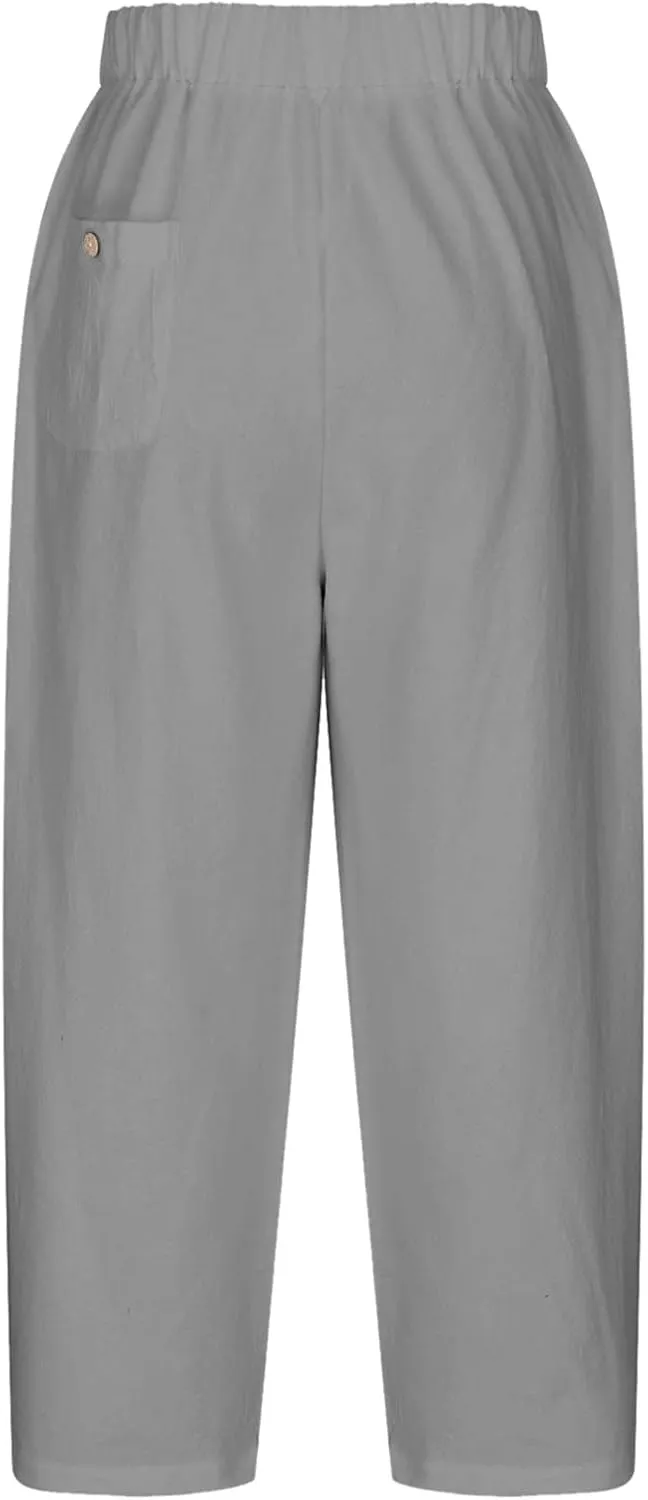 Womens Cotton Linen Pants Casual Trendy Drawstring Pant Summer Tapered Cross Hollow Out Trousers Outfits with Pockets