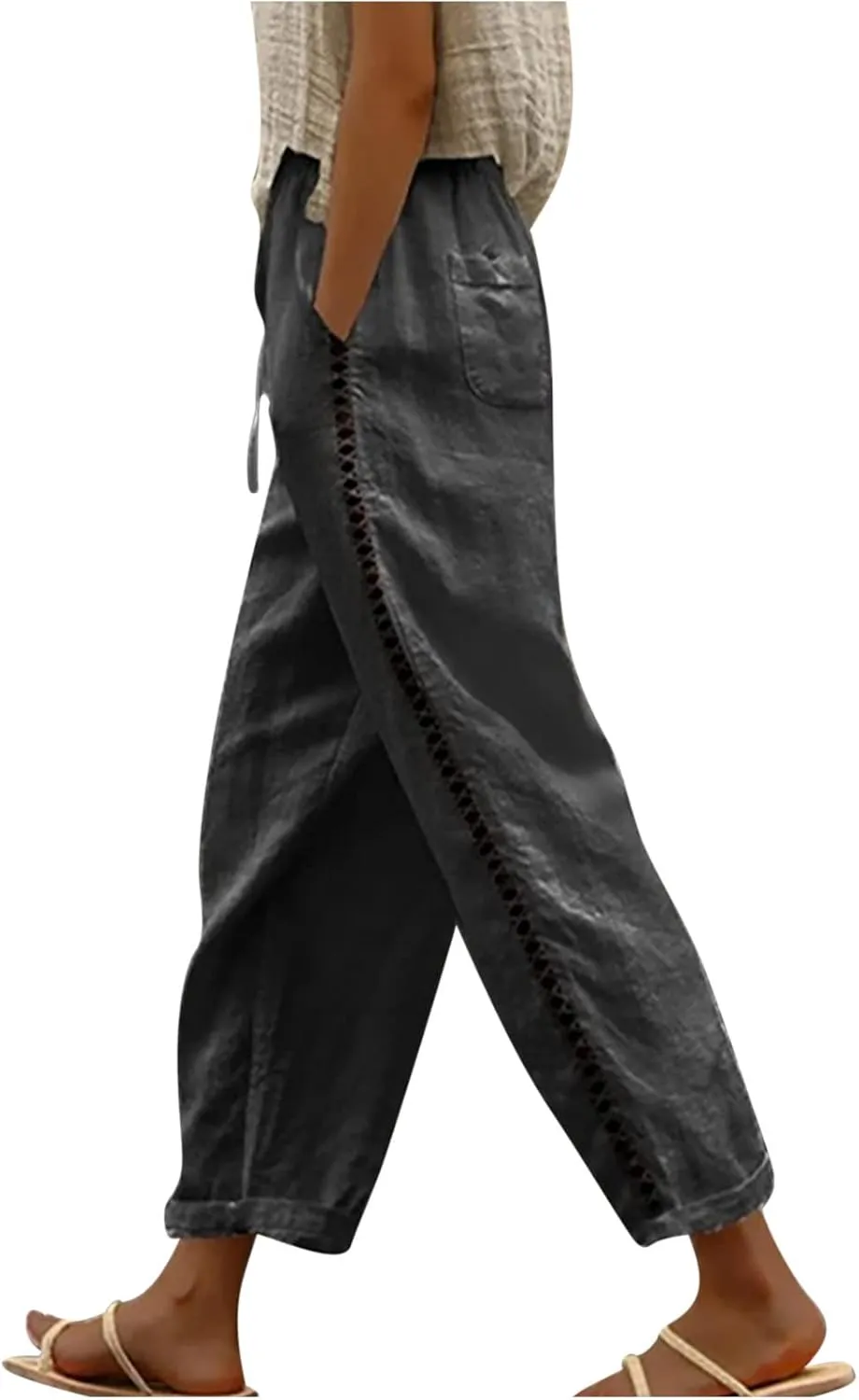 Womens Cotton Linen Pants Casual Trendy Drawstring Pant Summer Tapered Cross Hollow Out Trousers Outfits with Pockets