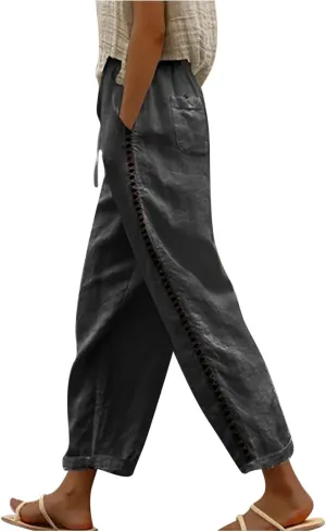 Womens Cotton Linen Pants Casual Trendy Drawstring Pant Summer Tapered Cross Hollow Out Trousers Outfits with Pockets