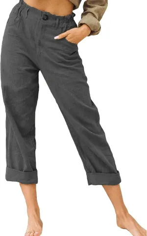 Womens Cotton Linen Pants High Waist Button Elastic Waist Pants Casual Wide Leg Leg Straight Trousers with Pockets