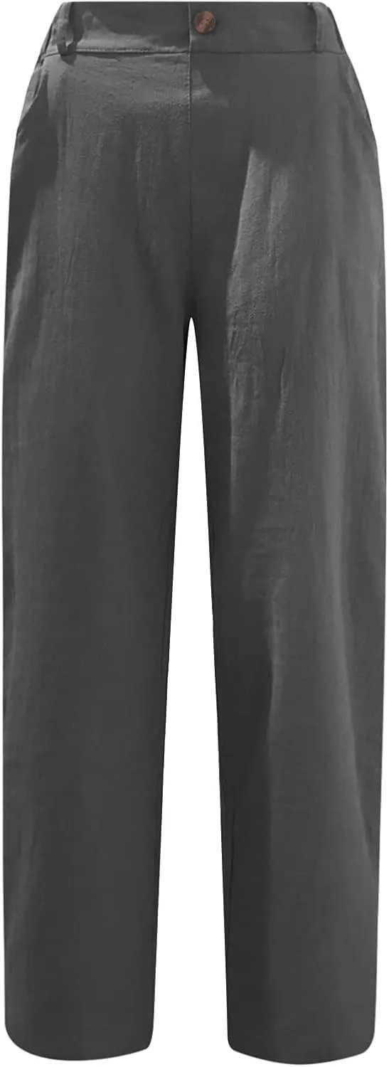 Womens Cotton Linen Pants High Waist Button Elastic Waist Pants Casual Wide Leg Leg Straight Trousers with Pockets