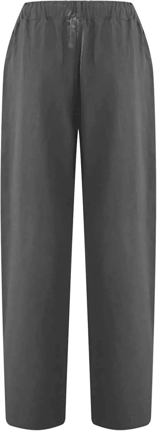 Womens Cotton Linen Pants High Waist Button Elastic Waist Pants Casual Wide Leg Leg Straight Trousers with Pockets
